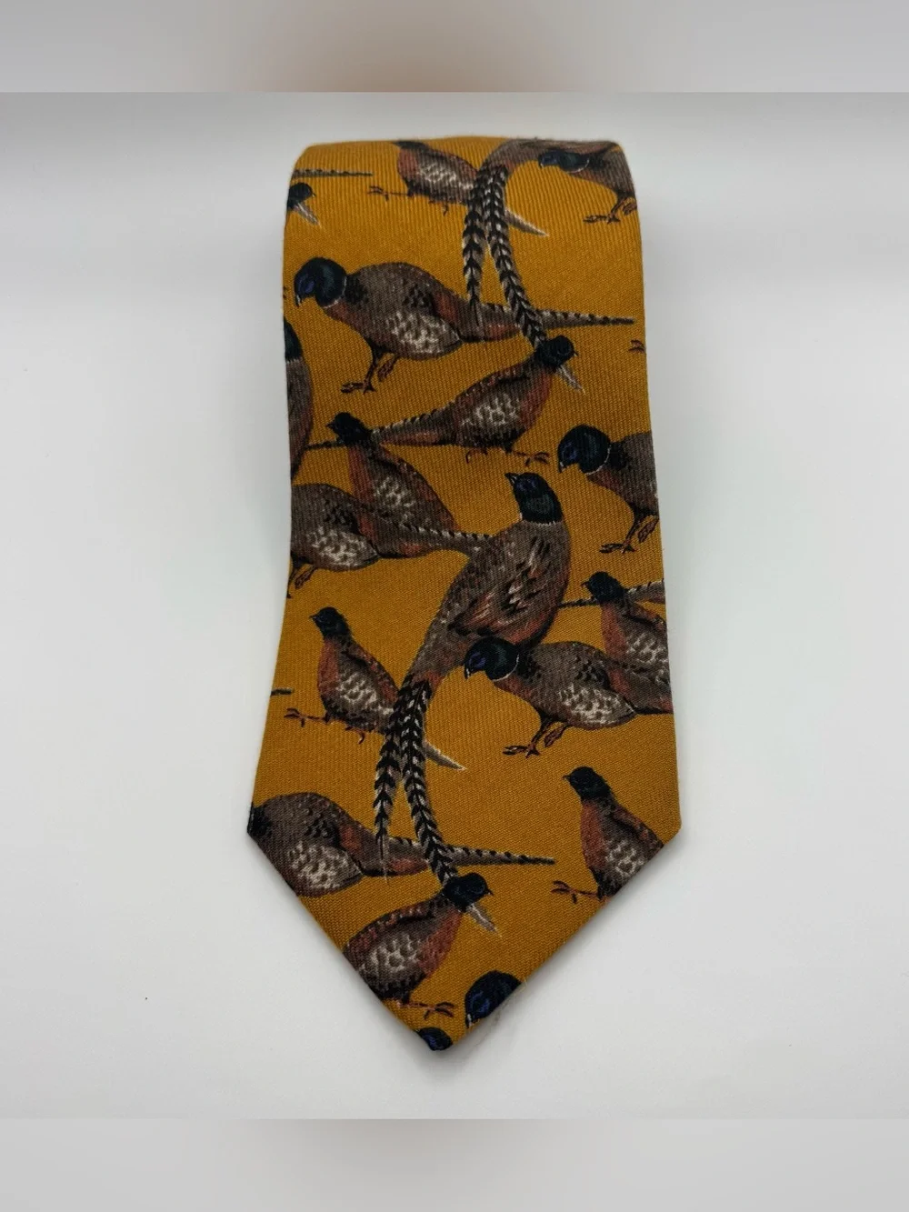 Vintage Robert Talbott Pheasant Necktie Mustard Gold Silk Wool Blend Hunting USA